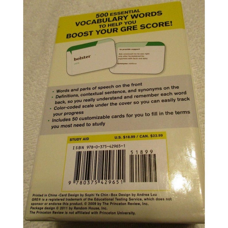 GRE Flashcards 500 Essential Vocabulary Words the Princeton Review - Etsy