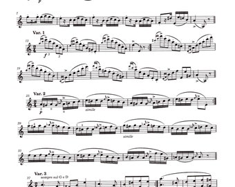 May include: A sheet music score for a violin solo piece titled "Caprice in A Minor" by Niccolò Paganini, Op. 1, No. 24. The music includes the words "Tema Quasi Presto" and "Var. 1", "Var. 2", "Var. 3", "sempre sul G e D", and "simile".