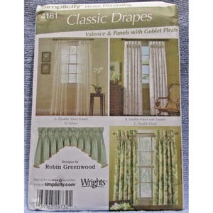 May include: A Simplicity pattern for classic drapes, showcasing different styles such as double sheer panels, valance, and double panels with tassels. The pattern includes designs by Robin Greenwood and is labelled with the number 4181.