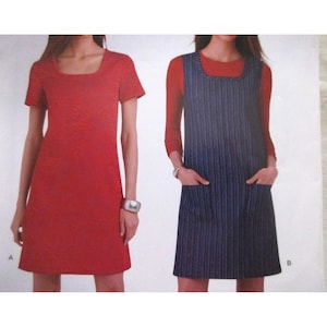 May include: Two dresses are shown. On the left is a red, short-sleeved dress with a square neckline. On the right is a blue and white striped jumper dress with a square neckline and pockets, worn over a long-sleeved red top.