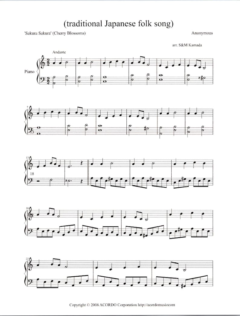 Sakura Sakura cherry Blossoms Digital Traditional Japanese Folk Song Piano Solo Sheet Music Key