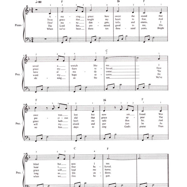 Amazing Grace - Easy Digital Hymn Tune Sheet Music - Key of F