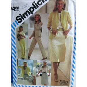 May include: A Simplicity sewing pattern envelope featuring images of a yellow blazer, a matching skirt, and trousers. The cover displays the text Simplicity and Go Everywhere, showcasing various outfit combinations with a light yellow jacket and skirt.