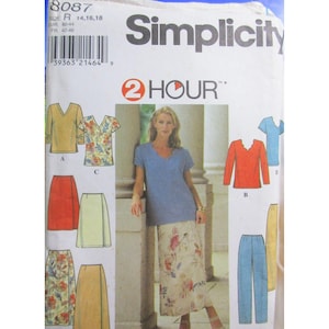 May include: Simplicity sewing pattern 8087 featuring a woman wearing a blue top and floral skirt. The pattern includes various tops, skirts, and pants. The text "2 HOUR" is visible.