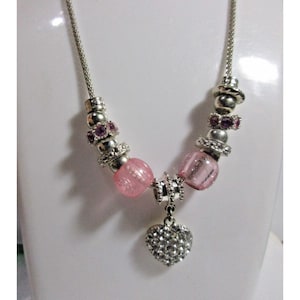 Necklace -Silver Tone Beaded Clear Pave Rhinestone Heart Pendant 16" Snake Chain