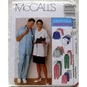 May include: McCall's sewing pattern for Uniform Essentials. The pattern includes illustrations of various uniform styles, such as jackets, trousers, and tops. The image shows a man in blue scrubs and a woman in a white coat and black skirt.
