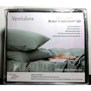 May include: A green 4-piece bed sheet set with a fitted sheet, flat sheet, and two pillowcases. The set is made of 1200 thread count 100% washed cotton and is wrinkle resistant, pet and environmentally friendly, lightweight, soft, and breathable. The set is available in king, queen, and full sizes.