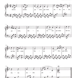 以下が含まれることがあります： 伝統的なカノンである「ドナ・ノビス・パーチェム」の楽譜。タイトルは上部にあり、白い背景に楽譜が書かれています。音符は黒色で、ト音記号とヘ音記号があります。「Traditional Canon」というテキストも表示されています。