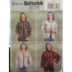 May include: A sewing pattern by Butterick, B4056, Just Jennifer. The pattern features four images of a woman wearing different quilted jackets. The jackets have various floral and geometric patterns in shades of red, green, blue, and pink. The pattern size is L, XL.