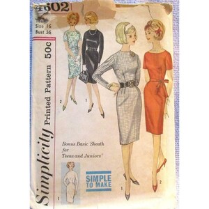 Simplicity Pattern 4602 Size 16 Bust 36 Teens Juniors Basic Sheath Dress Cut1960