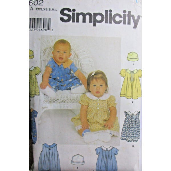Simplicity Pattern 9602 - Size XXS - L - Babies Romper Dress Hat Cut 2001