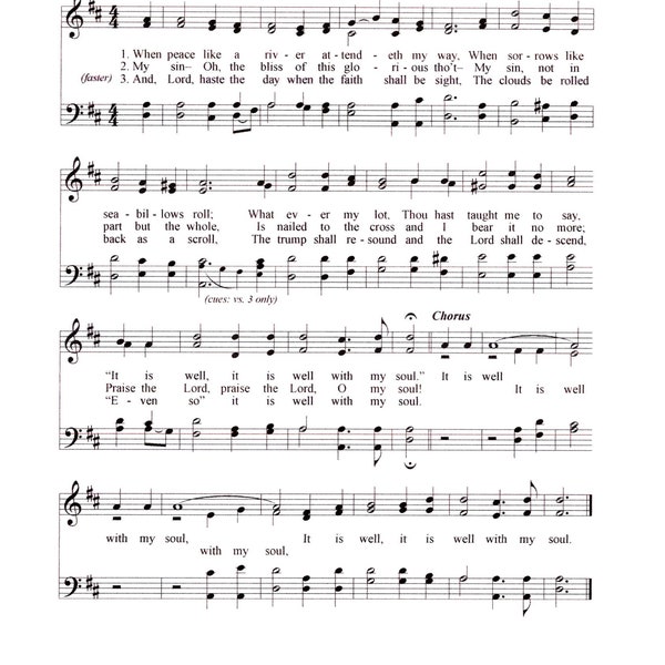 It is Well with My Soul - Digital Hymn Tune Sheet Music Piano and Lyrics - Key of D