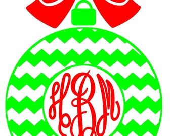 Christmas Bow Ornament Chevron Glitter Vinyl monogram iron on decal multiple sizes, colors, and fonts