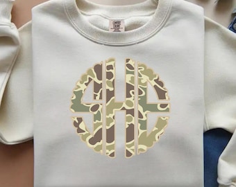 Camo Old School, scallop circle, Monogram transfer ready to press,