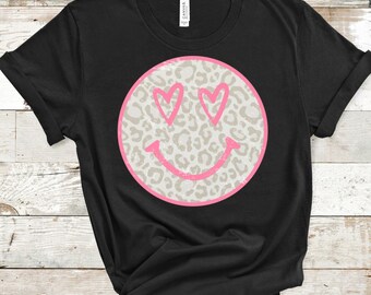 Leopard Smiley Face with Heart Eyes Iron On Vinyl Decal