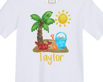 Beach, Sand Castle, Palm Tree, Summer, Sunshine,  Personalized, Do It Yourself Iron On Decal