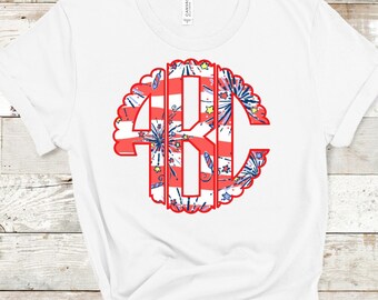 Scalloped Monogram Transfer: Red White Blue Fireworks, DIY Ready to Press