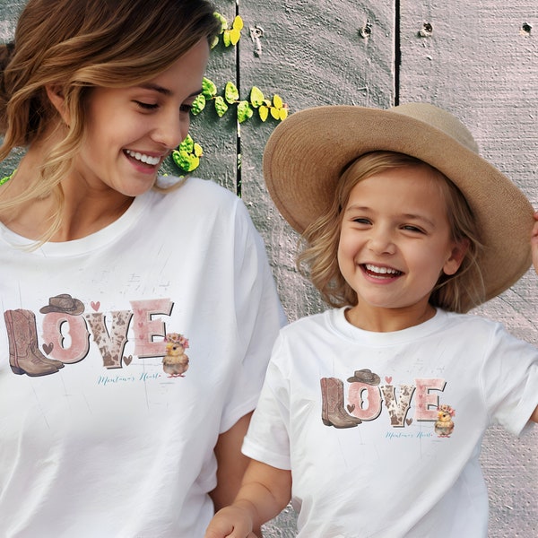 Mommy and me western tshirt design love font with cowboy boot baby chick graphic gift idea cowgirl rodeo design for mothers day gift idea