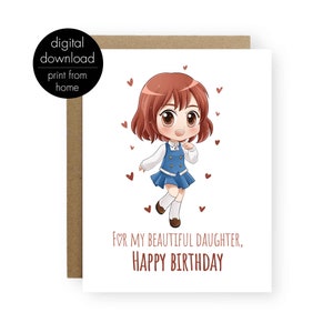 Carte de jour d'anniversaire anime fille, carte de jour d'anniversaire imprimable pour ma fille