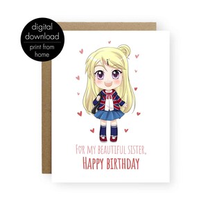 Anime Birthday Day Card Sister, druckbare Geburtstagskarte für deine Schwester