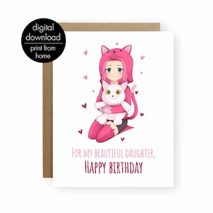 Cartão de aniversário de anime para filha, cartão de aniversário para impressão para sua filha