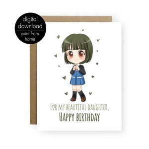 Carte de jour d'anniversaire anime fille, carte de jour d'anniversaire imprimable pour ma fille