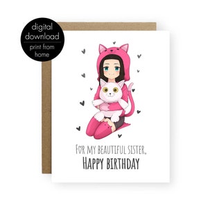 Anime Birthday Day Card Sister, druckbare Geburtstagskarte für deine Schwester