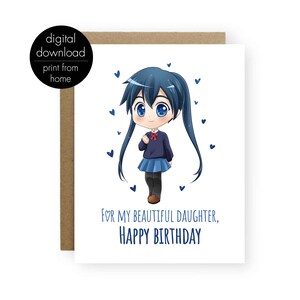 Carte de jour d'anniversaire anime fille, carte de jour d'anniversaire imprimable pour ma fille