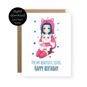Anime Birthday Day Card Sister, druckbare Geburtstagskarte für deine Schwester