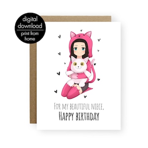 Carte de jour d'anniversaire anime nièce, carte d'anniversaire imprimable pour votre nièce