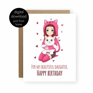 Carte de jour d'anniversaire anime fille, carte de jour d'anniversaire imprimable pour votre fille
