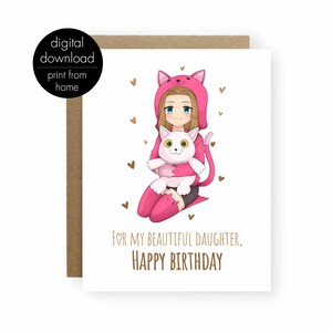 Cartão de aniversário de anime para filha, cartão de aniversário para impressão para sua filha