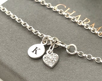 Sterling silver ankle chain with a sterling silver diamanté mini heart & initial ladies gifts 925