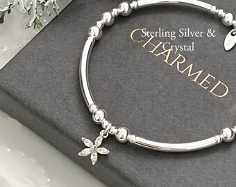 Sterling Silver Beaded Stretch stacking Bracelet  - Crystal flower - gift for her - 925