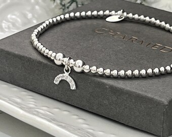 Ladies stretch stacking bracelet - cz rainbow dainty  charm - ladies gift - gift for her - 925