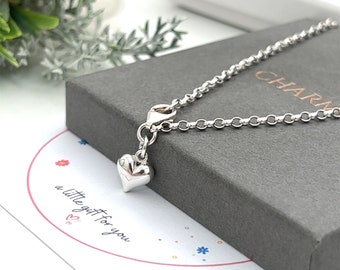 Sterling silver ankle chain with a sterling silver - 9mm puffed heart charm - choice of charm placement x