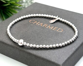 Sterling silver dainty stretch stacking bracelet - 3/5mm beads - ladies gift - 925