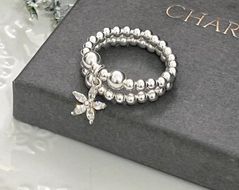 Silver stretch ring set  - gift for her  - stacking ring - sterling silver mixed beads - crystal flower charm