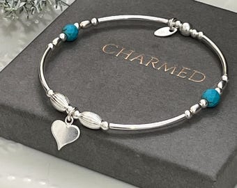 Ladies stretch stacking bracelet - beaded bracelet - silver - turquoise - dainty heart - sale - 7.5