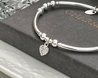 Sterling Silver Beaded Stretch stacking Bracelet  - cz silver heart - gift for her - ladies gift - 925