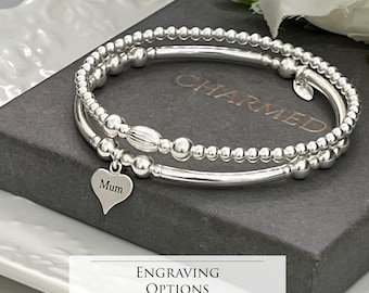 Sterling Silver Stacking Bracelet - engraved heart - set of two / gifts for her - 925 options - birthday - Christmas - congrats - retirement