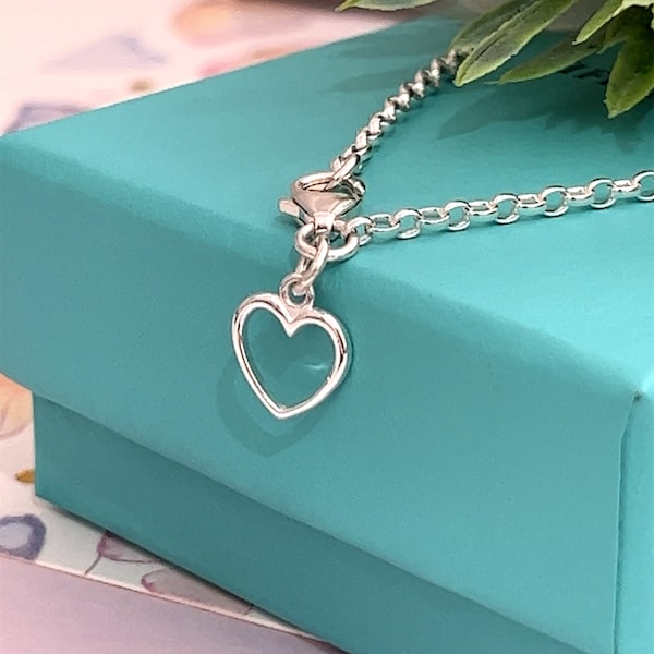 Sterling silver ankle chain with a sterling silver 10mm open heart design charm placement option ladies gifts 925