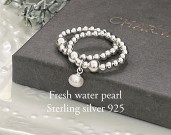 Silver stretch ring set  - gift for her  - stacking ring - sterling silver mixed beads - fresh water pearl charm