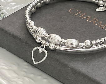 Ladies stretch stacking bracelet - beaded bracelet set - open heart & mixed beads - gift for her - Christmas gift birthday gift offer