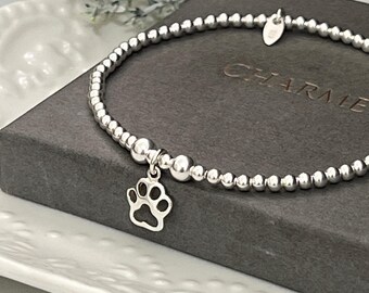 Ladies stretch stacking bracelet - paw charm - pet lover gift - gift for her - 925