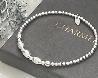 Ladies stretch stacking bracelet - beaded bracelet - mixed beads - gift for her - oval beads - sterling silver 925