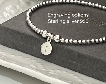 Ladies stretch stacking bracelet - beaded bracelet - engraved charm - gift for her - sterling silver 925
