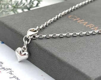 Sterling silver ankle chain with a sterling silver - 9mm puffed heart charm - choice of charm placement x