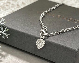 Ankle chain - sterling silver  cz heart charm - gift for her - 925 anklet