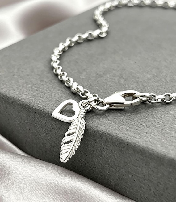 Sterling silver ankle chain - charm anklet / ladies jewellery - heart feather charm anklet - Christmas gifts - gifts for her - birthday gift